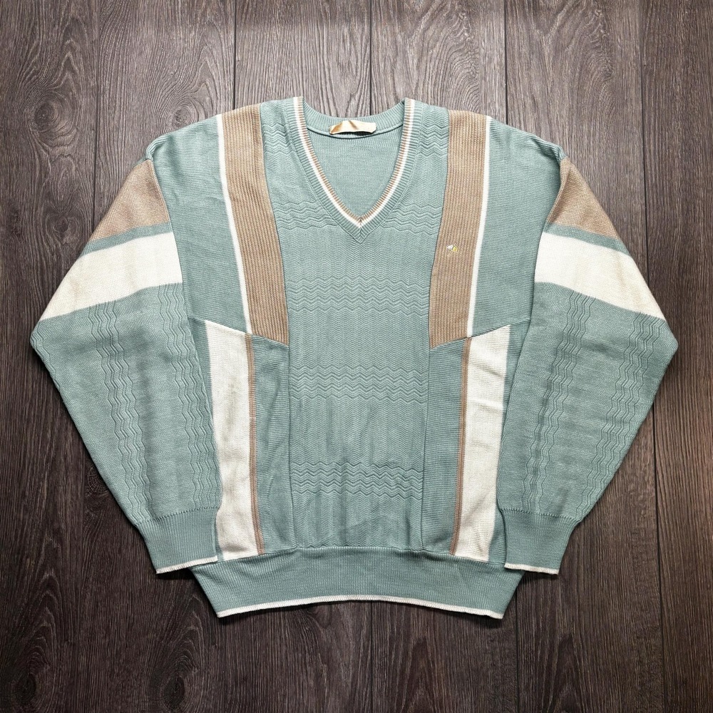 Vintage Geometric Cable 3D Knit Sweater Blue Large Arnold Palmer 1980s
